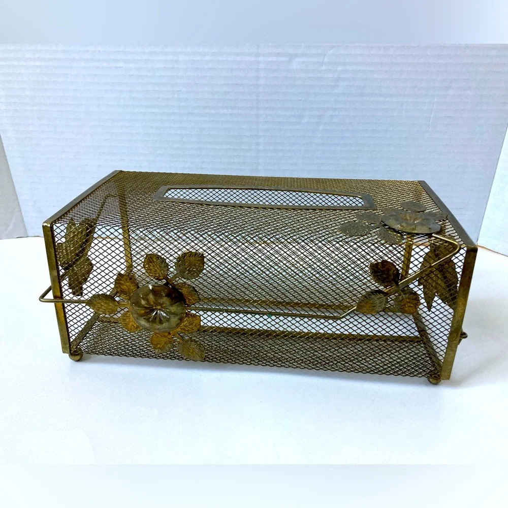 Midcentury Tissue Holder Cottagecore Gold Toned Mesh Ivy Flowers